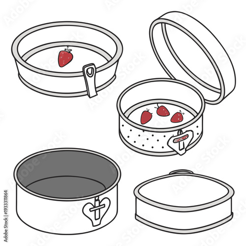 Springform pan with strawberries and various parts. round cake molds with different designs and removable bottoms.