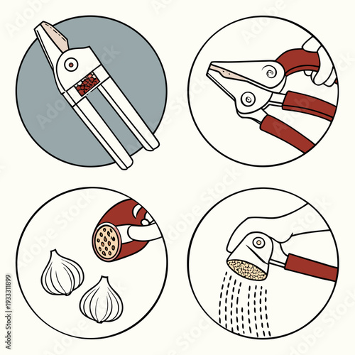 Instructional diagrams showing steps for using a garlic press with hands squeezing red handles and crushed bits falling from small round holes set