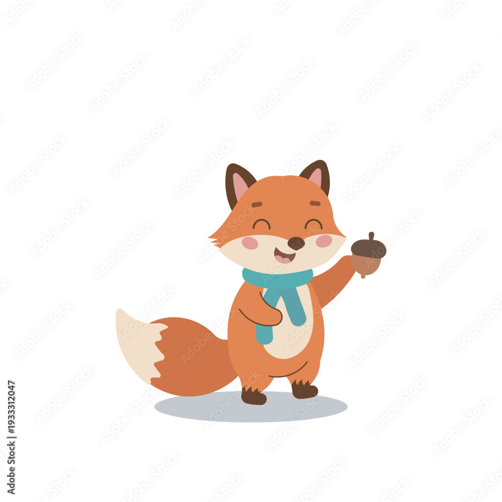 Fototapeta premium Cute cartoon fox holding an acorn