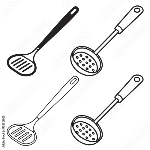Set of four kitchen utensils, two slotted spatulas and two skimmers, black and white vector outline illustration on light background