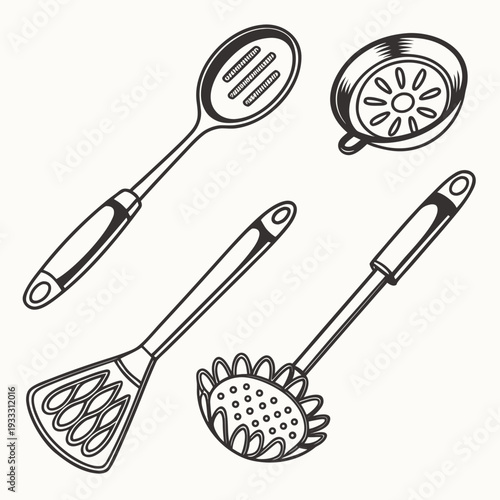Set of four kitchen utensils, slotted spoon, small strainer, cooking spatula, and skimmer, vector illustration on light background