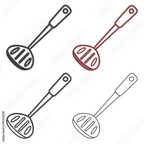 Set of four slotted spoons, kitchen and cooking utensils, vector outline and colored illustrations on light background
