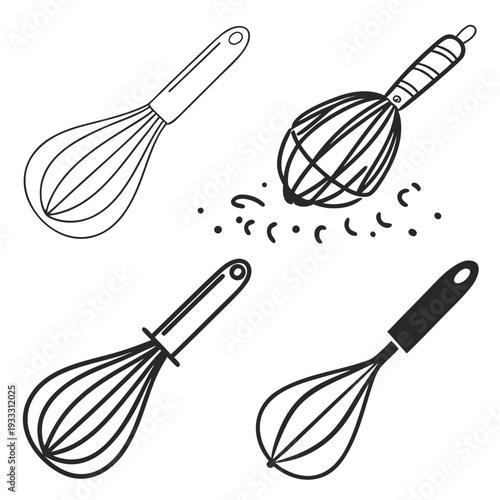 Collection of four whisks illustrating different styles and actions, such as preparing ingredients or cooking tasks