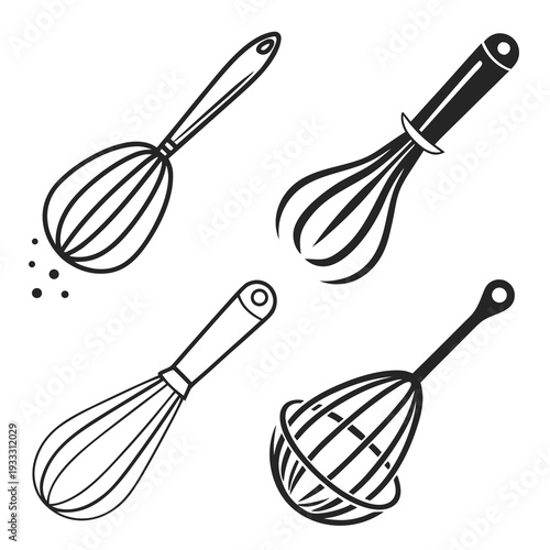 Diverse set of whisks with varied designs and applications, ideal for culinary or kitchen-related themes