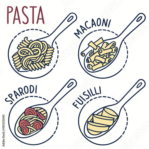 Set of hand drawn wooden spoons with various pasta types including macaroni fusilli and spaghetti isolated on white background for menu design use
