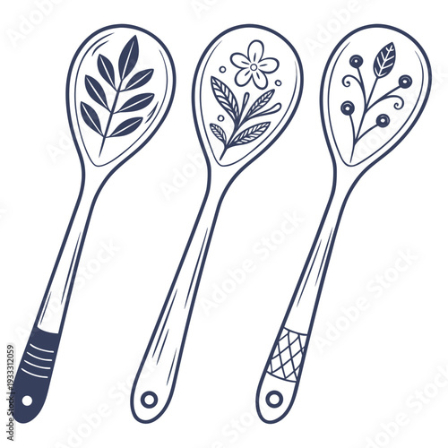 Decorative hand drawn wooden spoons with floral and leaf patterns inside bowls isolated on white background for rustic kitchen interior decoration