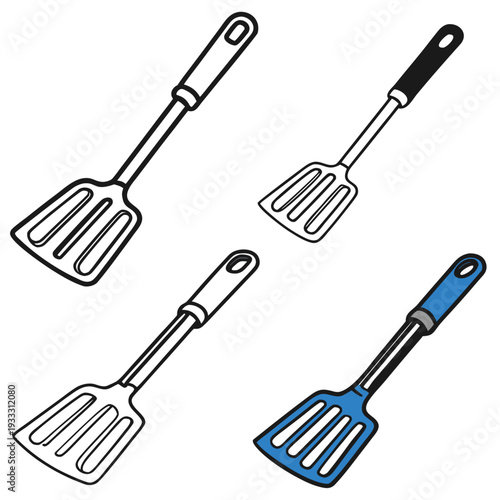 Set of four kitchen spatulas in outline and filled versions with black and blue handles cooking tools collection