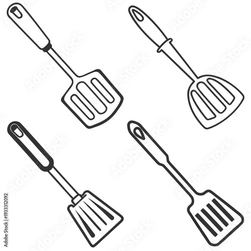 Four different kitchen spatulas set in outline style cooking tools for home and professional kitchen use illustrations