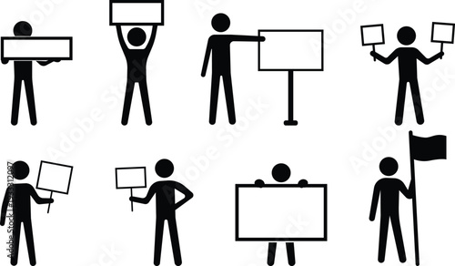 Stickman protest signs set, Demonstration protester silhouette collection, Activism rally placard holding figures pack