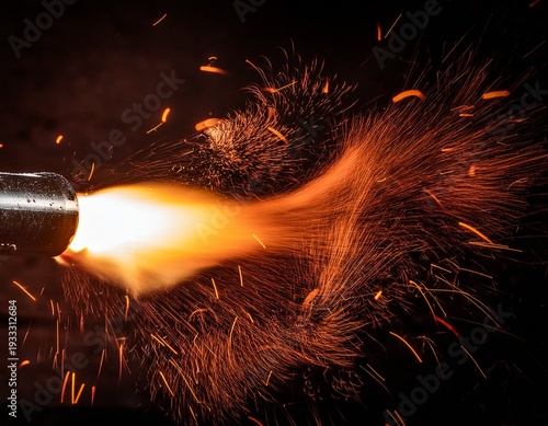 dark background flaming rifle muzzle shooting fire military weapon night scene high contrast intense lighting metallic gun barrel tactical firearm sparks flying muzzle flash dramatic illumi