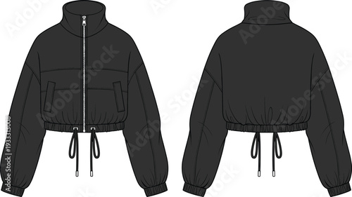 Women's Cropped Bomber Jacket Fashion Technical Sketch Template Front and Back View CAD Drawing Flat Vector Illustration Activewear Design Set