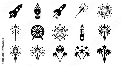 Collection of fireworks and pyrotechnic icons in various styles and designs displayed together