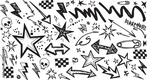 A versatile set of hand-drawn graphic assets featuring messy marker scribbles, wavy lines, zig-zags, straight underlines, stars, and arrows for a gritty, DIY urban look.