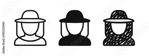 Woman in hat icon set. Female character avatar in different design styles for user profiles and anonymous representation.