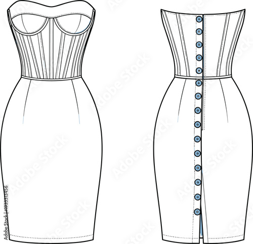 Women's Strapless Corset Bodycon Pencil Dress Fashion Technical Sketch Template Front and Back View CAD Drawing Flat Vector Illustration Set