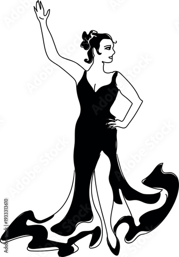Black and white sketch of flamenco dancer isolated on a white background.