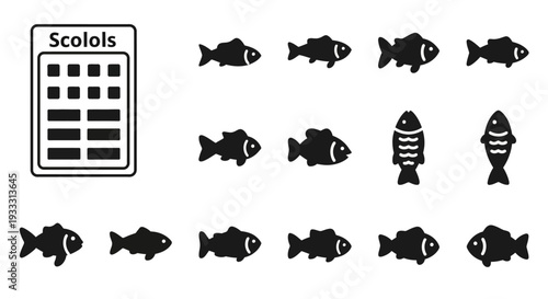 Collection of fish silhouettes and a checklist icon representing marine life and aquatic species, viewed from a straightforward perspective.
