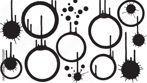 A gritty collection of black spray-painted circular frames and street art splatters featuring realistic paint drips and a textured urban aesthetic on a clean background.