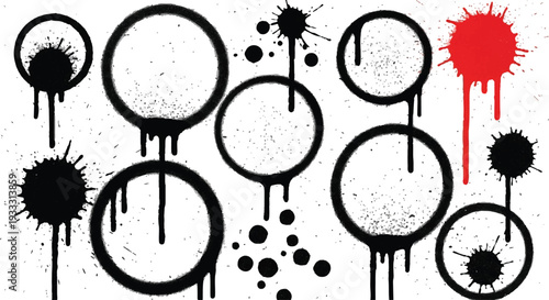 A gritty collection of black spray-painted circular frames and street art splatters featuring realistic paint drips and a textured urban aesthetic on a clean background.