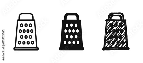 Kitchen grater icon set. Food preparation and cooking utensil symbol in outline, solid, and hand-drawn styles.