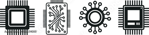 Set of professional microchip and electronic circuit board icons featuring computer processor designs in black silhouette and line art style for technology concepts.