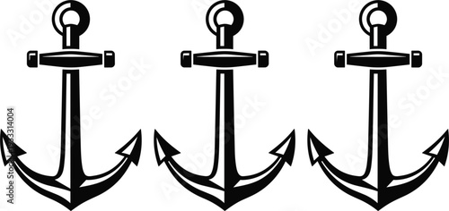 Set of professional nautical anchor icons featuring classic maritime designs in black and white silhouette vector style for marine and sailing logos.