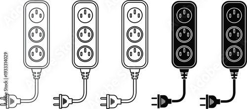 Set of professional power strip icons featuring multi-socket extension cords and electrical plugs in black and white line art and silhouette vector style.
