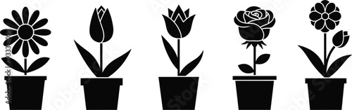 Set of professional potted flower icons featuring various botanical designs including a rose tulip and daisy in clean black silhouette vector style.