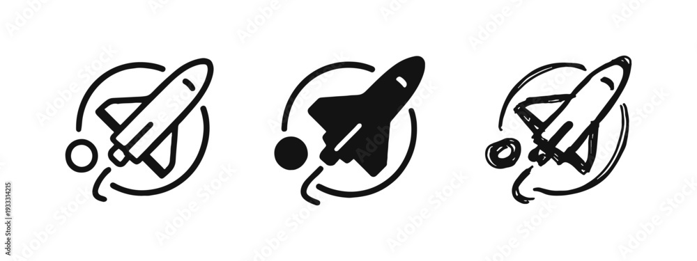 Obraz premium Rocket and Space Orbit Icons Set. Spacecraft Exploration, Travel, and Universe Symbols in Three Styles.