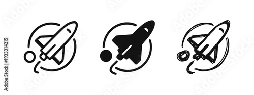 Rocket and Space Orbit Icons Set. Spacecraft Exploration, Travel, and Universe Symbols in Three Styles.