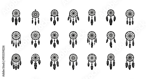 Collection of twenty dreamcatchers displayed in a grid pattern on a plain surface.