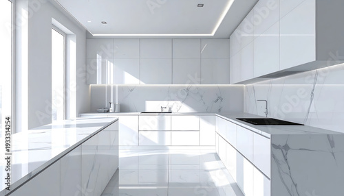 Bright Modern White Kitchen Interior with Marble Accents
