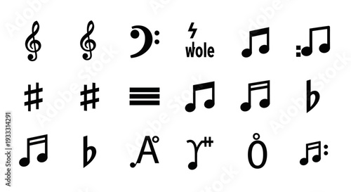 Collection of various music notation symbols and markings on a clean white background viewed from directly above