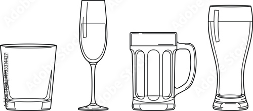 Set of professional glassware icons featuring a whiskey glass champagne flute beer mug and pilsner glass in clean black line art vector style.