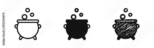 Cauldron with Bubbles Icons Set. Witch's Potion, Magic Brew, and Halloween Symbols in Three Styles.