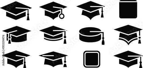 Set of professional graduation cap icons featuring various mortarboard designs in a clean black silhouette vector style for academic and commencement themes.