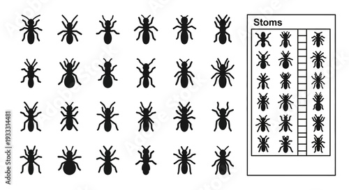Collection of various black insect silhouettes arranged in a grid pattern with a key on the right side