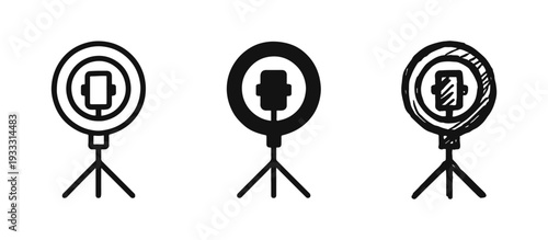 Ring Light and Smartphone Icons Set. Vlogging, Streaming, and Photography Equipment Symbols in Three Styles.