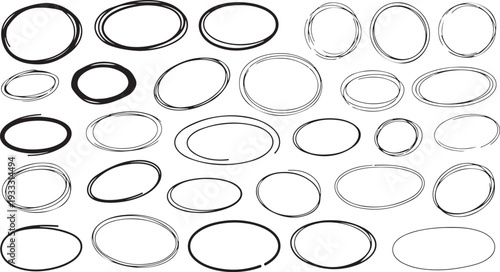 A set of black ink hand-drawn circles and ovals in various sizes, featuring a messy, multi-stroke DIY aesthetic for highlights and annotations on a white background.