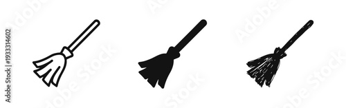 Witch's Broomstick Icons Set. Halloween, Magic, and Fantasy Cleaning Tool Symbols in Three Styles.