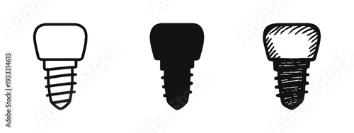 Dental Implant Icons Set. Tooth Restoration, Dentistry, and Oral Surgery Symbols in Three Styles.