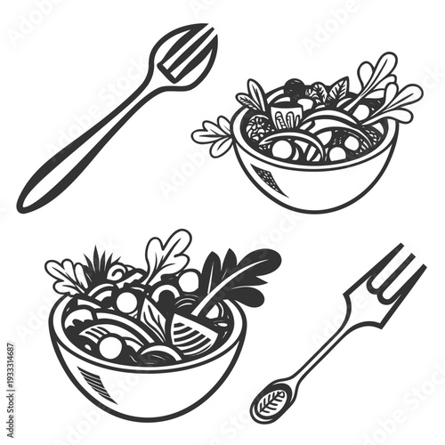 Set of fresh green salads in bowls with different designs of forks, promoting healthy eating and dining