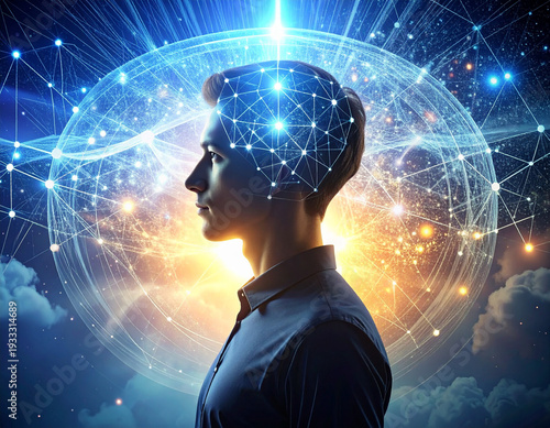Silhouette of a person digitally filtering incoming information through a complex virtual sieve, representing discernment.