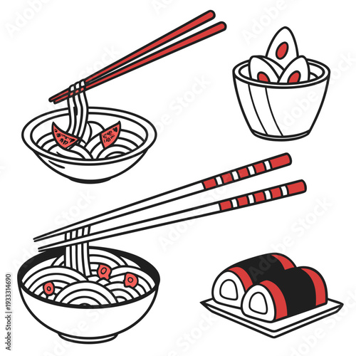 Set of traditional japanese food vector illustrations including ramen bowls, sushi rolls, and pickled eggs with chopsticks