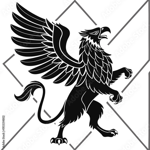 A strong griffin creature with large wings standing on its hind legs inside a diamond pattern graphic design