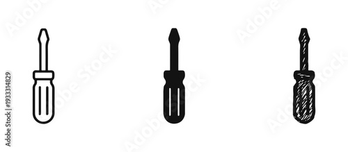 Screwdriver Icon Set. Vector illustration of repair and maintenance tool symbols in different styles.