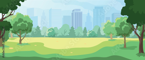 City park in a metropolis with trees backdrop of skyscrapers. A cozy beautiful park in the city center. Public garden landscape view. Summer green grass, town buildings on skyline