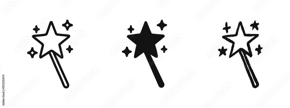 Fototapeta premium Magic Wand Icon Set in Outline, Solid, and Doodle Styles