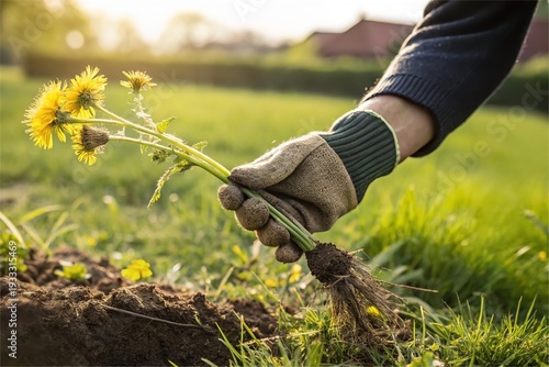 Gloved hand pull dandelion with root from soil. Garden weed control
