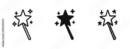 Magic Wand Icon Set in Outline, Solid, and Doodle Styles